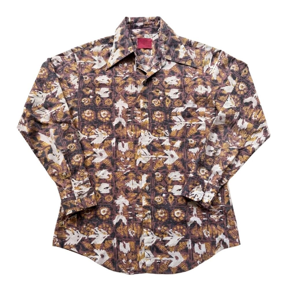 Vintage 70s Button Up Shirt Brown Abstract Print Long Sleeve Retro Unbranded